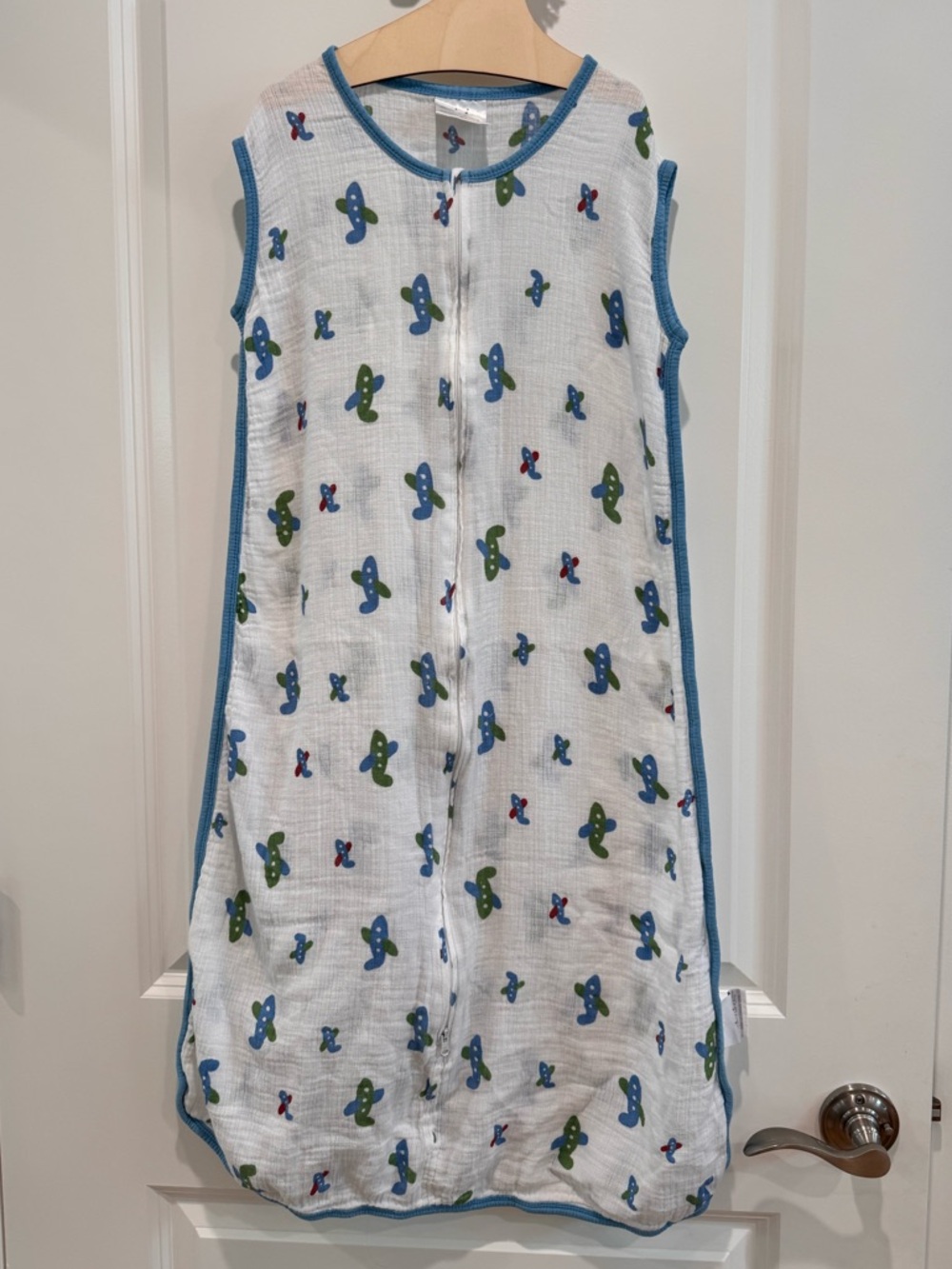 aden + anais White Muslin Sleep Sack with Blue and Green Airplane Print